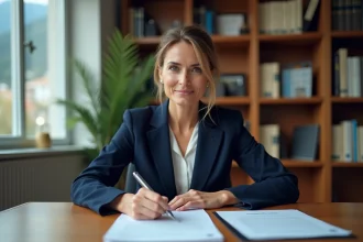 Femme signant des documents légaux dans un bureau notarial en Andorre pour l'achat d'un appartement