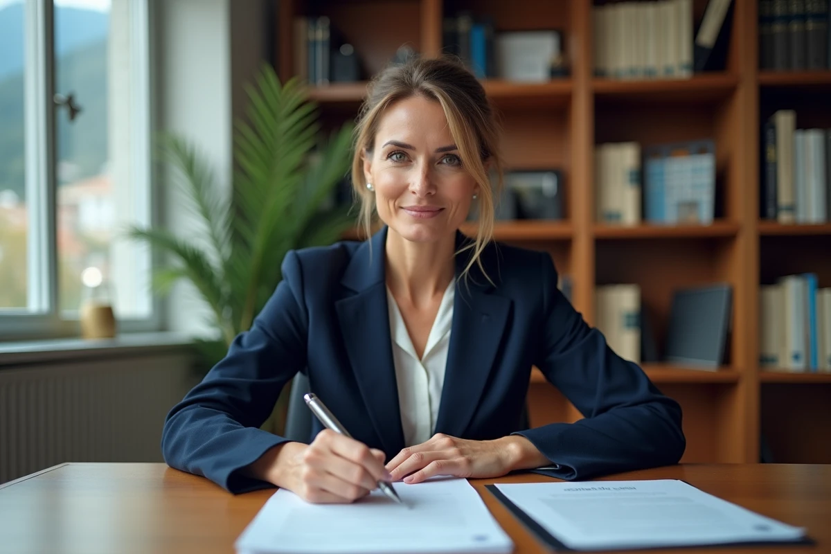 Femme signant des documents légaux dans un bureau notarial en Andorre pour l'achat d'un appartement