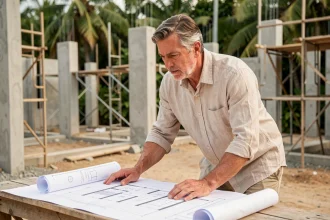 Acheteur expatrié examinant des plans de construction d'une maison neuve en Thaïlande sur un chantier