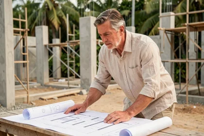 Acheteur expatrié examinant des plans de construction d'une maison neuve en Thaïlande sur un chantier