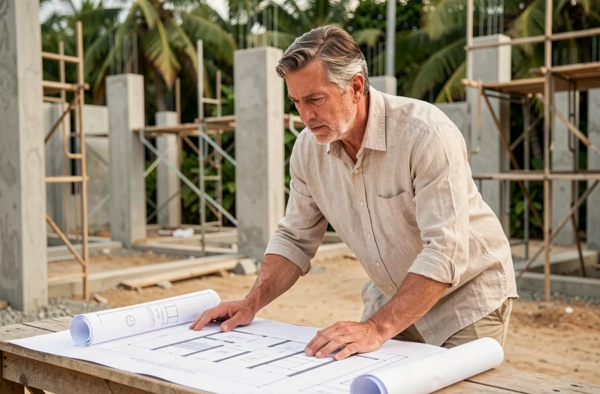 Acheteur expatrié examinant des plans de construction d'une maison neuve en Thaïlande sur un chantier