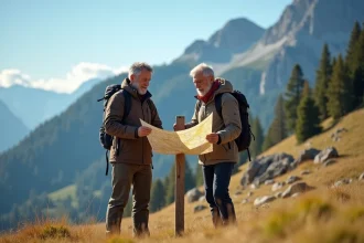 Couple examinant un plan cadastral à côté d'une borne de délimitation de parcelle en montagne