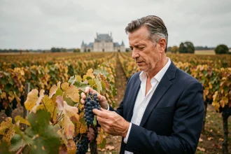 Investisseur examinant une grappe de raisins dans un vignoble bordelais en automne avec un château en arrière-plan