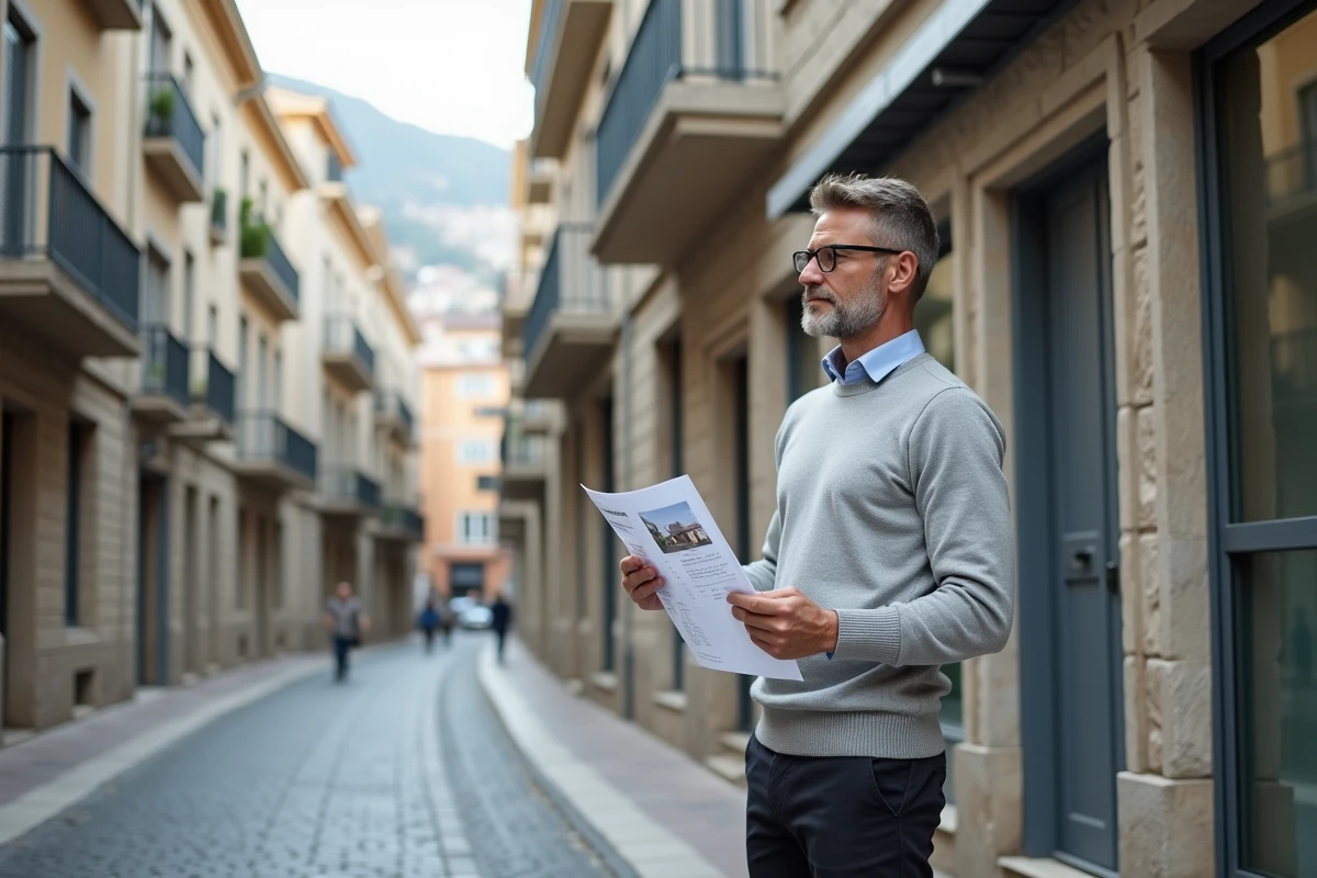Homme consultant une annonce immobilière devant un immeuble résidentiel à Andorre la Vieille