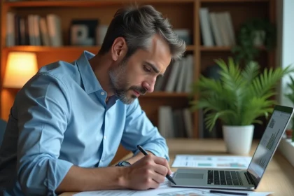 Acheteur immobilier pressé consultant des documents de propriété et une carte cadastrale sur un bureau pour identifier le propriétaire d'une maison