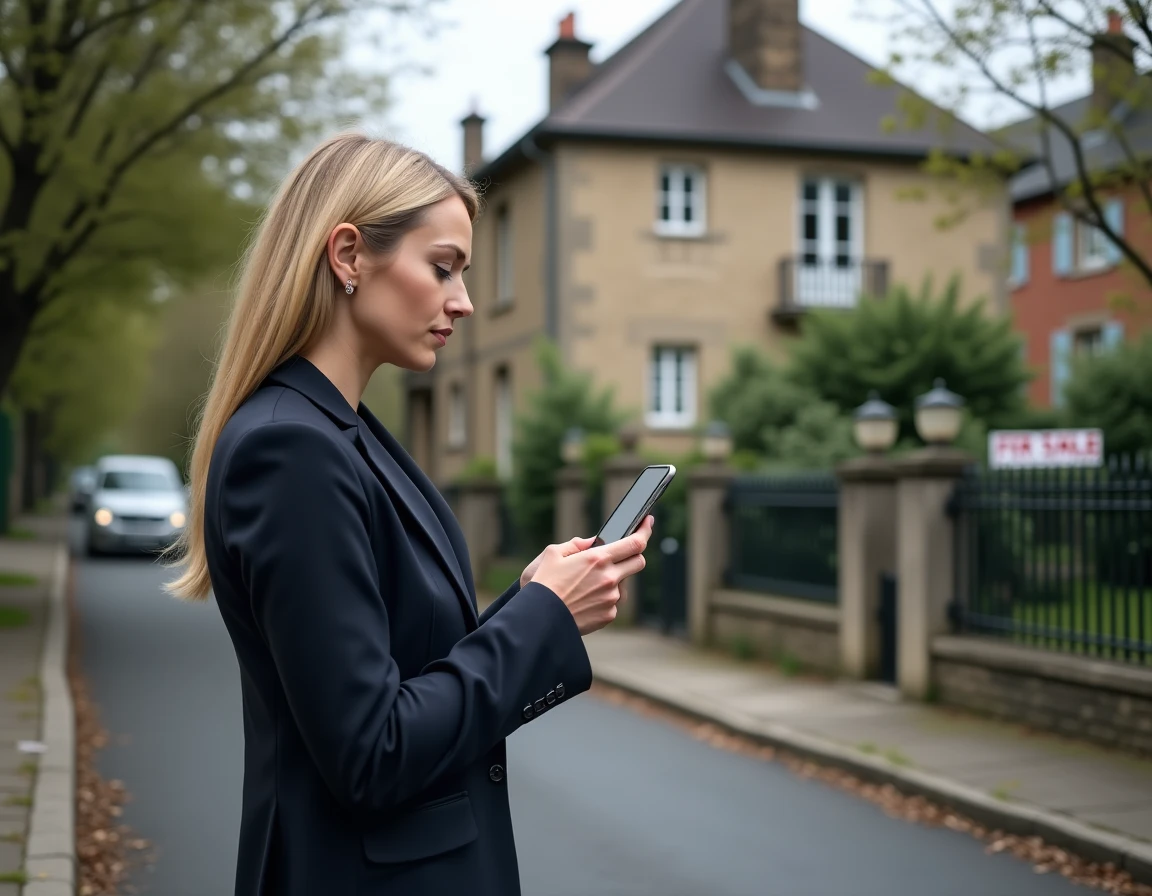 Femme acheteuse immobilière debout devant une maison en pierre consultant une application mobile pour trouver le propriétaire et faire une offre rapide