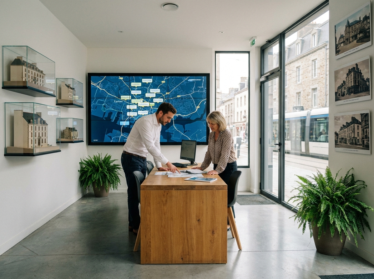 Conseiller immobilier et cliente examinant des documents de vente dans une agence immobilière moderne à Lorient