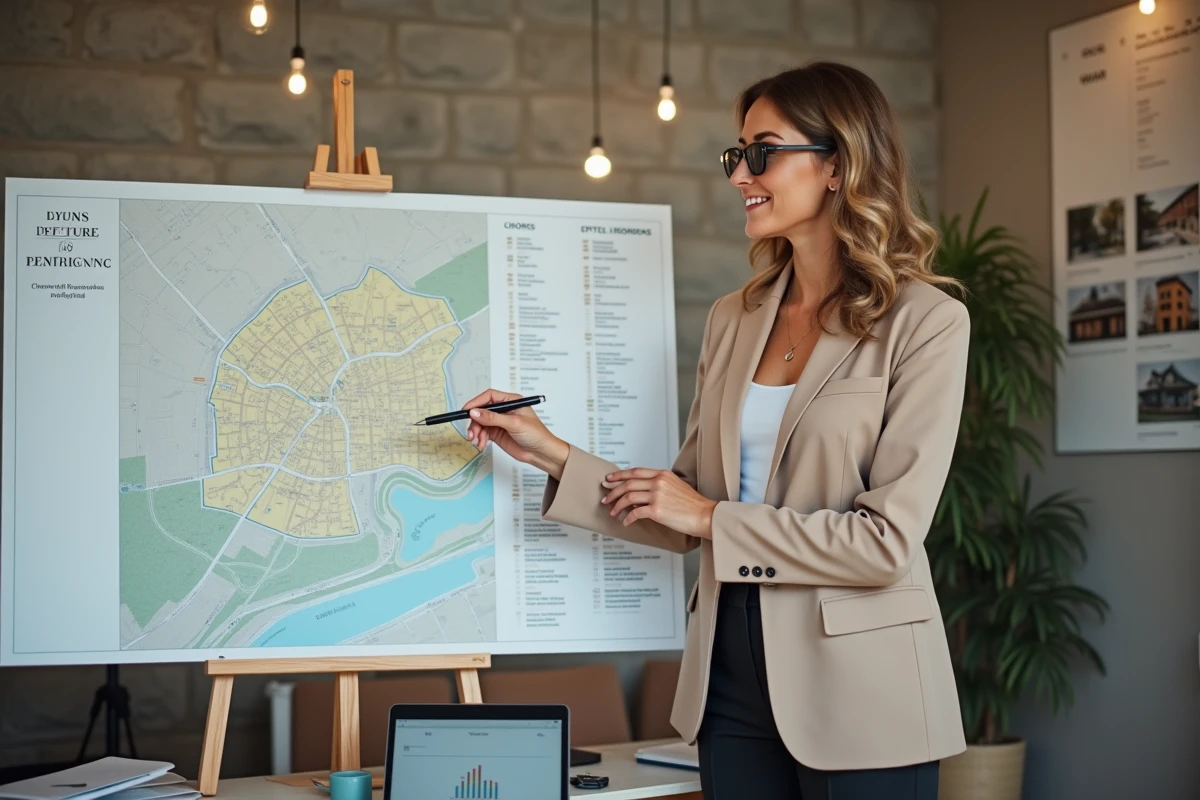 Professionnelle de l'immobilier présentant une carte des loyers par quartier de Lyon dans une agence immobilière