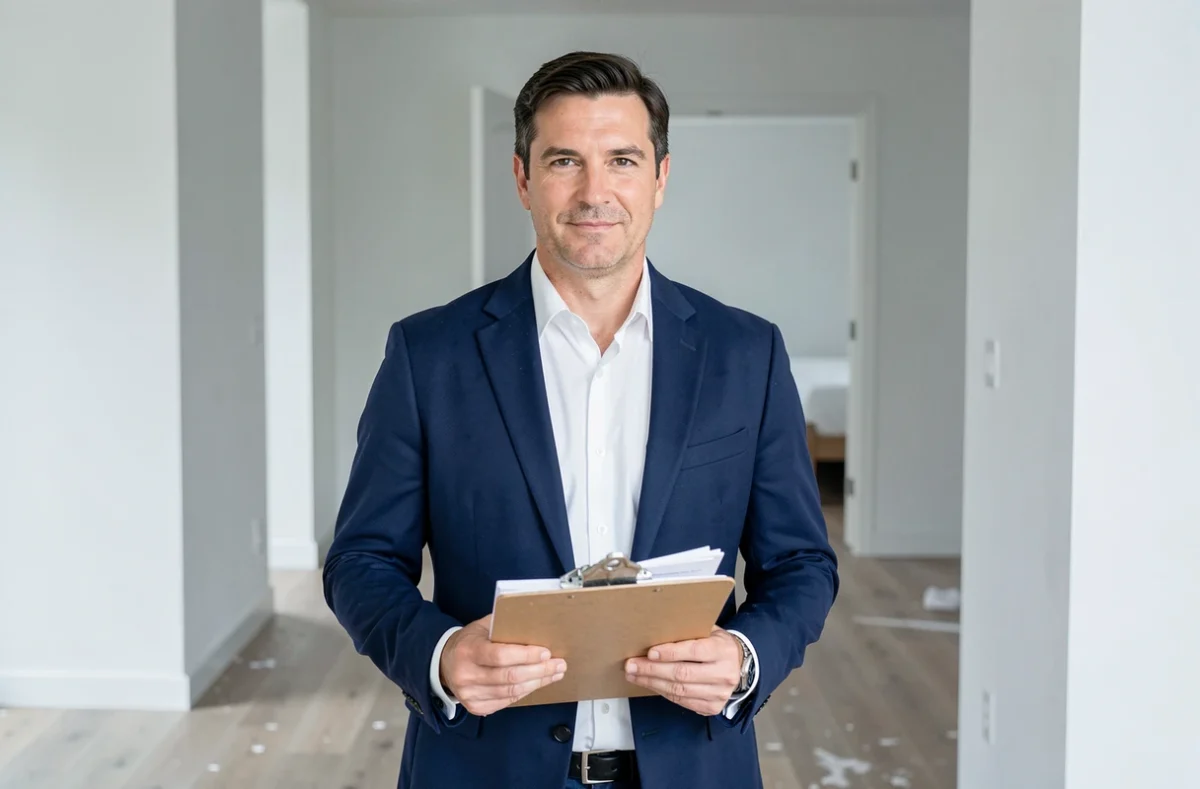 Agent immobilier inspectant un appartement vide avant la signature du compromis de vente