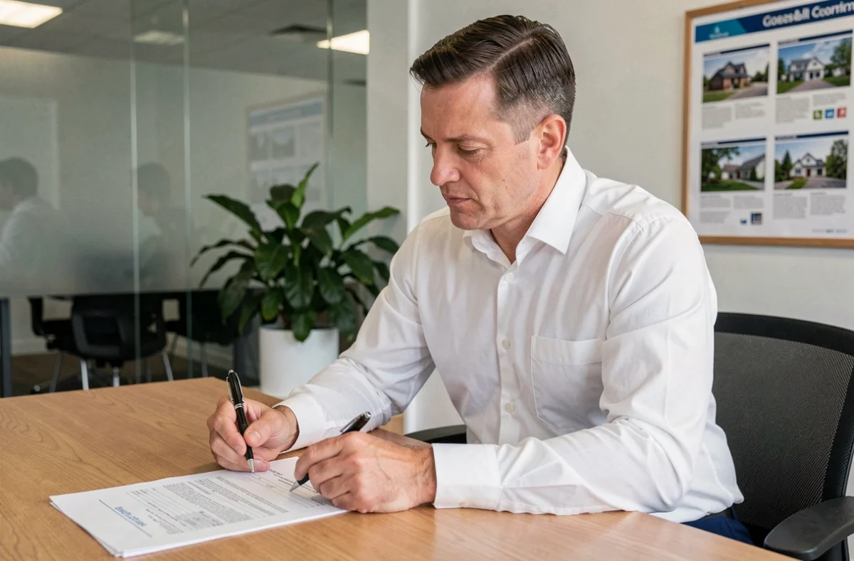Agent immobilier lisant une clause de garantie locative sur un contrat de bail dans une agence moderne