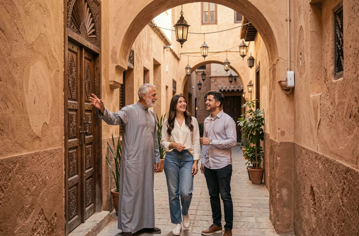 Agent immobilier présentant l'entrée d'un petit riad à vendre dans la médina de Marrakech à un couple d'acheteurs étrangers