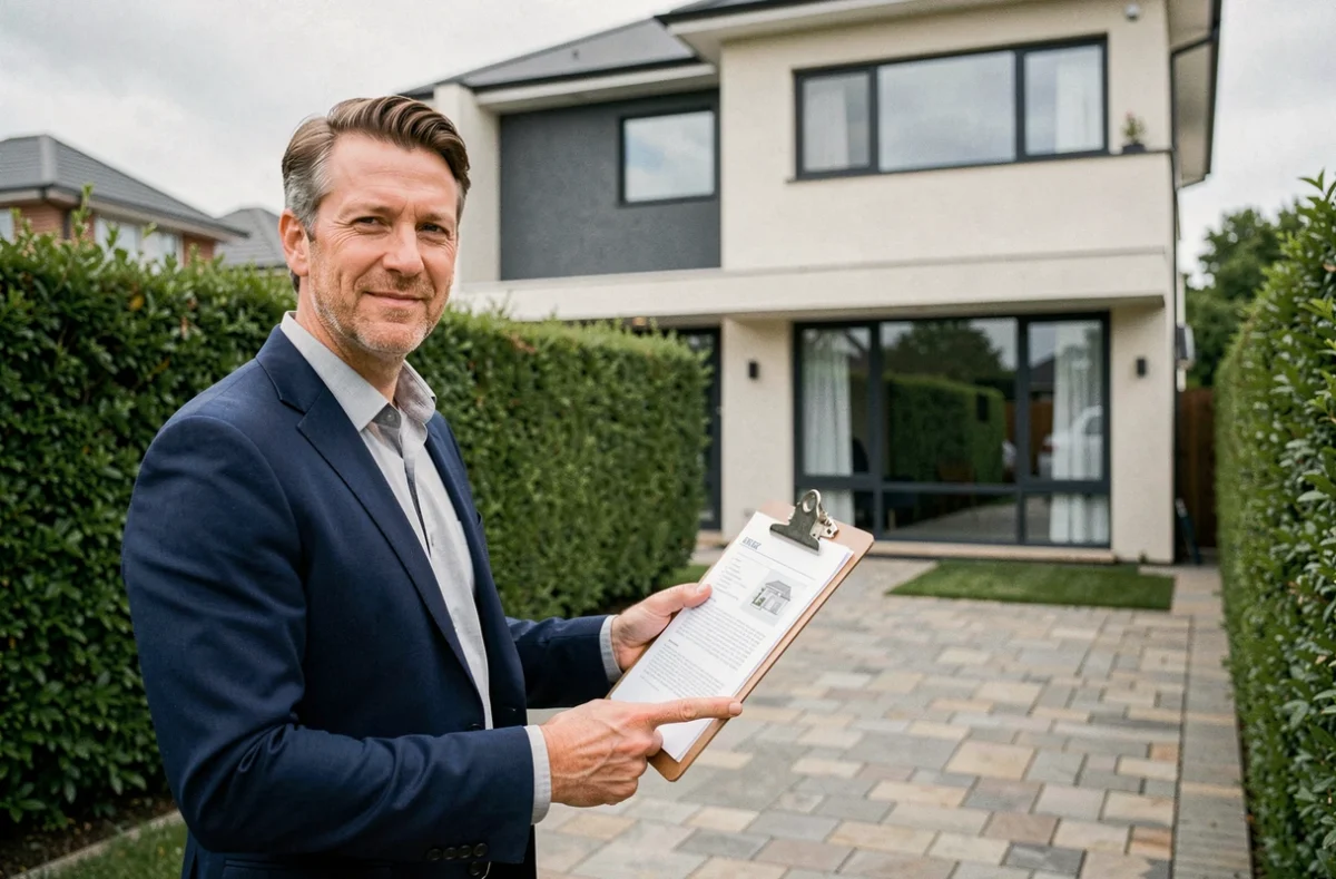 Agent immobilier professionnel évaluant une maison résidentielle moderne, tenant un dossier d'estimation immobilière devant la façade de la propriété