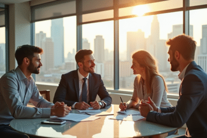 Agent immobilier discutant avec un couple dans un salon lumineux