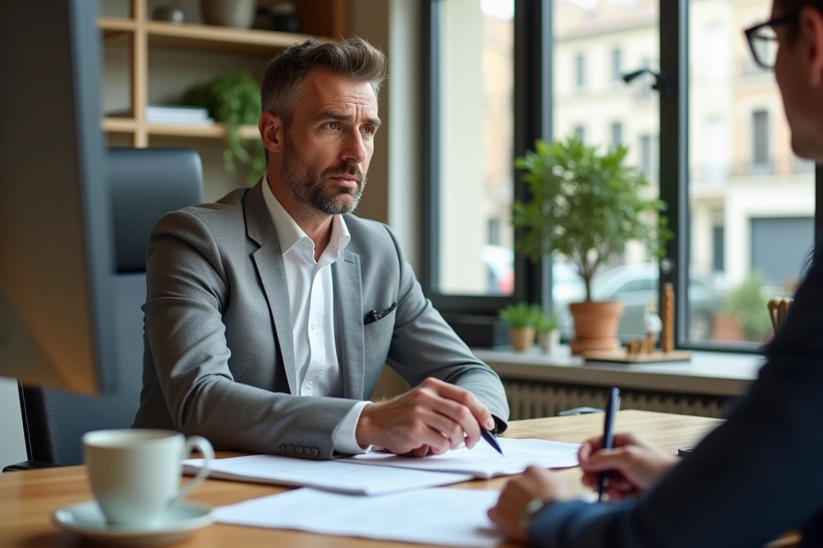 Agent immobilier lyonnais présentant des données d'investissement immobilier à un client dans une agence moderne