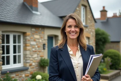 Agent immobilière souriante devant une maison bretonne en pierre à Lorient, tenant un dossier de vente immobilière