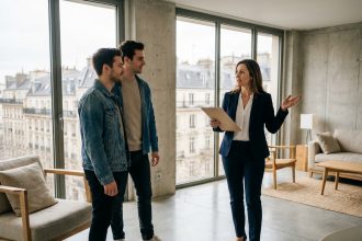 Agent immobilier professionnelle présentant un appartement moderne à un jeune couple dans une grande ville
