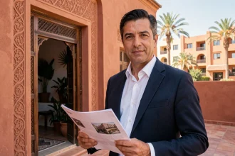 Agent immobilier marocain devant une villa traditionnelle à vendre à Marrakech Targa