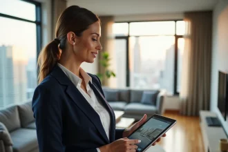 Agent immobilière présentant une visite virtuelle 360 degrés sur une tablette dans un appartement moderne