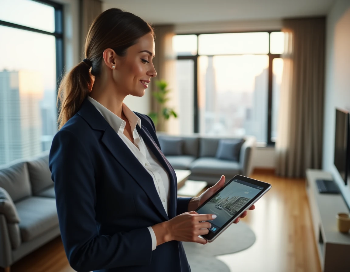 Agent immobilière présentant une visite virtuelle 360 degrés sur une tablette dans un appartement moderne