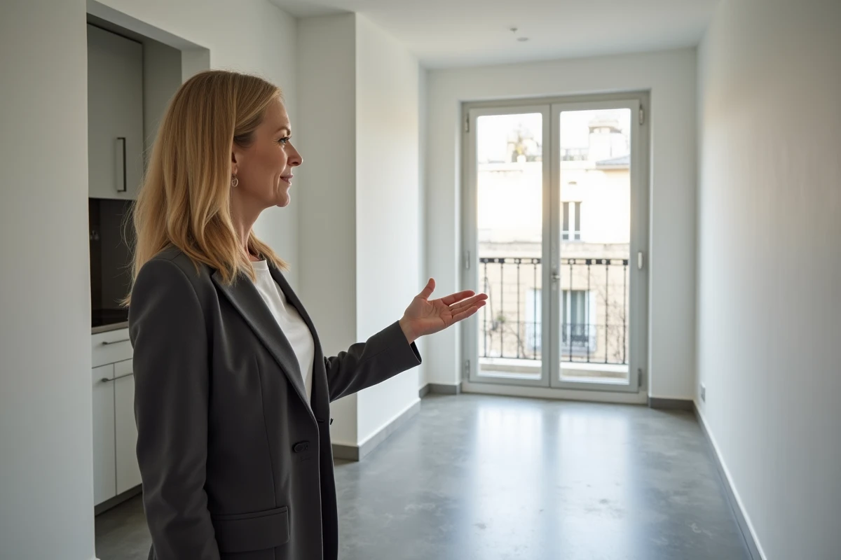 Agent immobilière présentant un studio vide avec sol en béton poli et balconnet juliet à Paris lors d'une visite