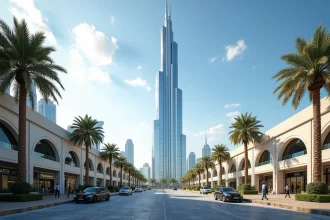 Vue grand angle de la Tour Almas dominant la skyline du quartier JLT à Dubaï avec lac et palmiers au premier plan