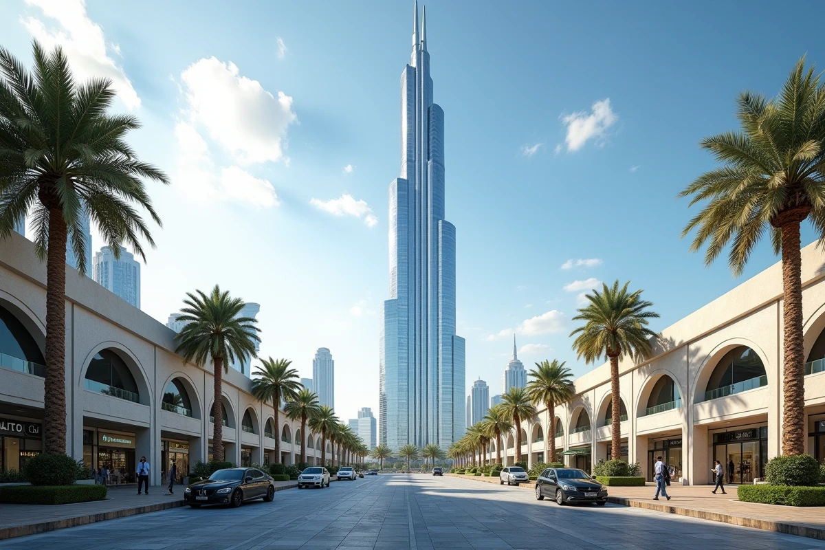 Vue grand angle de la Tour Almas dominant la skyline du quartier JLT à Dubaï avec lac et palmiers au premier plan