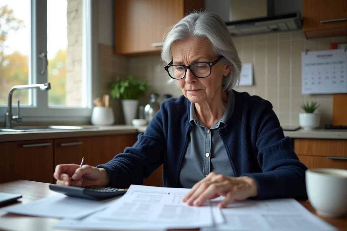 Une femme âgée analysant seule des documents fiscaux sur l'usufruit et l'indivision à son domicile