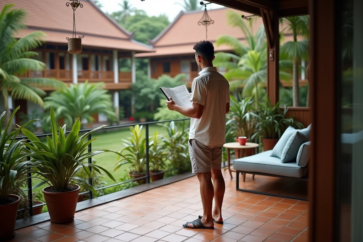 Homme consultant une carte sur la terrasse d'un appartement en location à Chiang Mai entouré de végétation tropicale