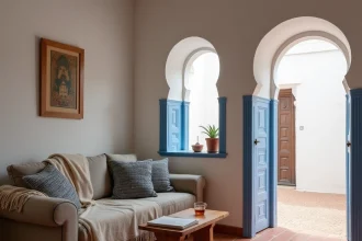 Salon meublé d'un appartement à louer à Essaouira avec décoration marocaine traditionnelle, zellige et fenêtre ouverte sur la médina