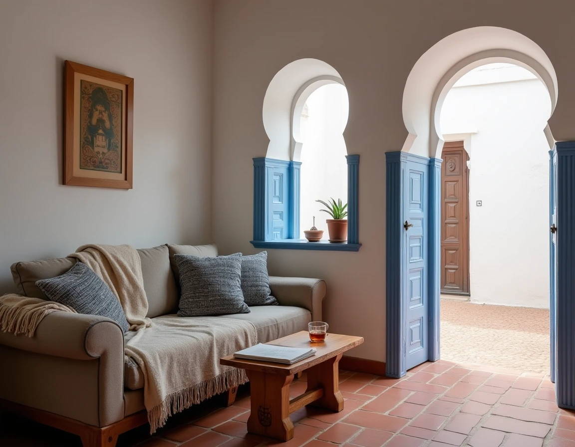 Salon meublé d'un appartement à louer à Essaouira avec décoration marocaine traditionnelle, zellige et fenêtre ouverte sur la médina