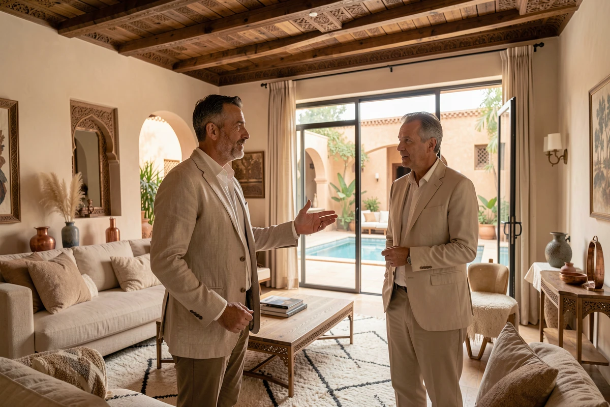 Salon élégant d'un appartement de luxe à Marrakech avec vue sur la piscine intérieure de la résidence