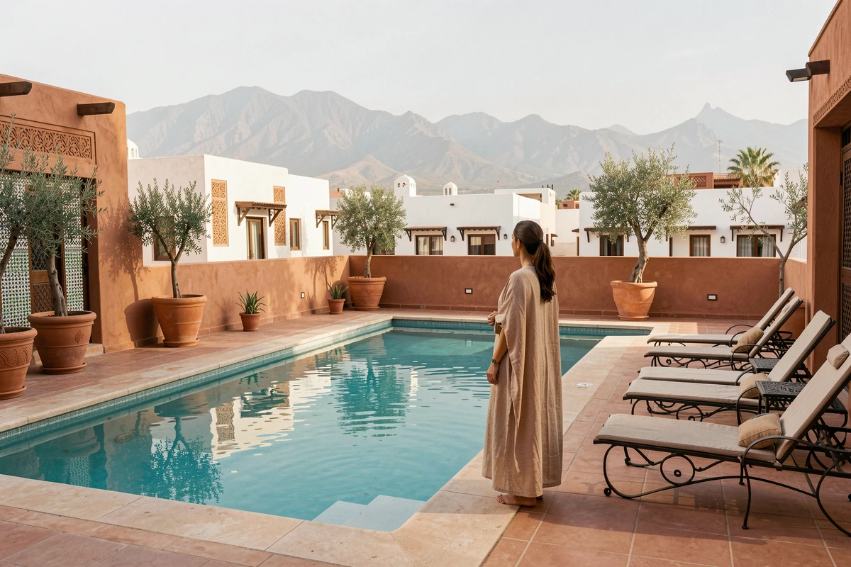 Terrasse avec piscine d'un appartement à vendre à Marrakech avec vue sur les montagnes de l'Atlas