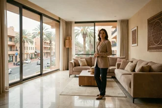 Femme devant les grandes fenêtres d'un appartement moderne à vendre dans le quartier Guéliz de Marrakech