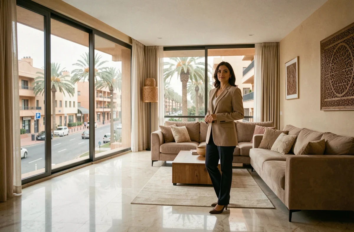 Femme devant les grandes fenêtres d'un appartement moderne à vendre dans le quartier Guéliz de Marrakech