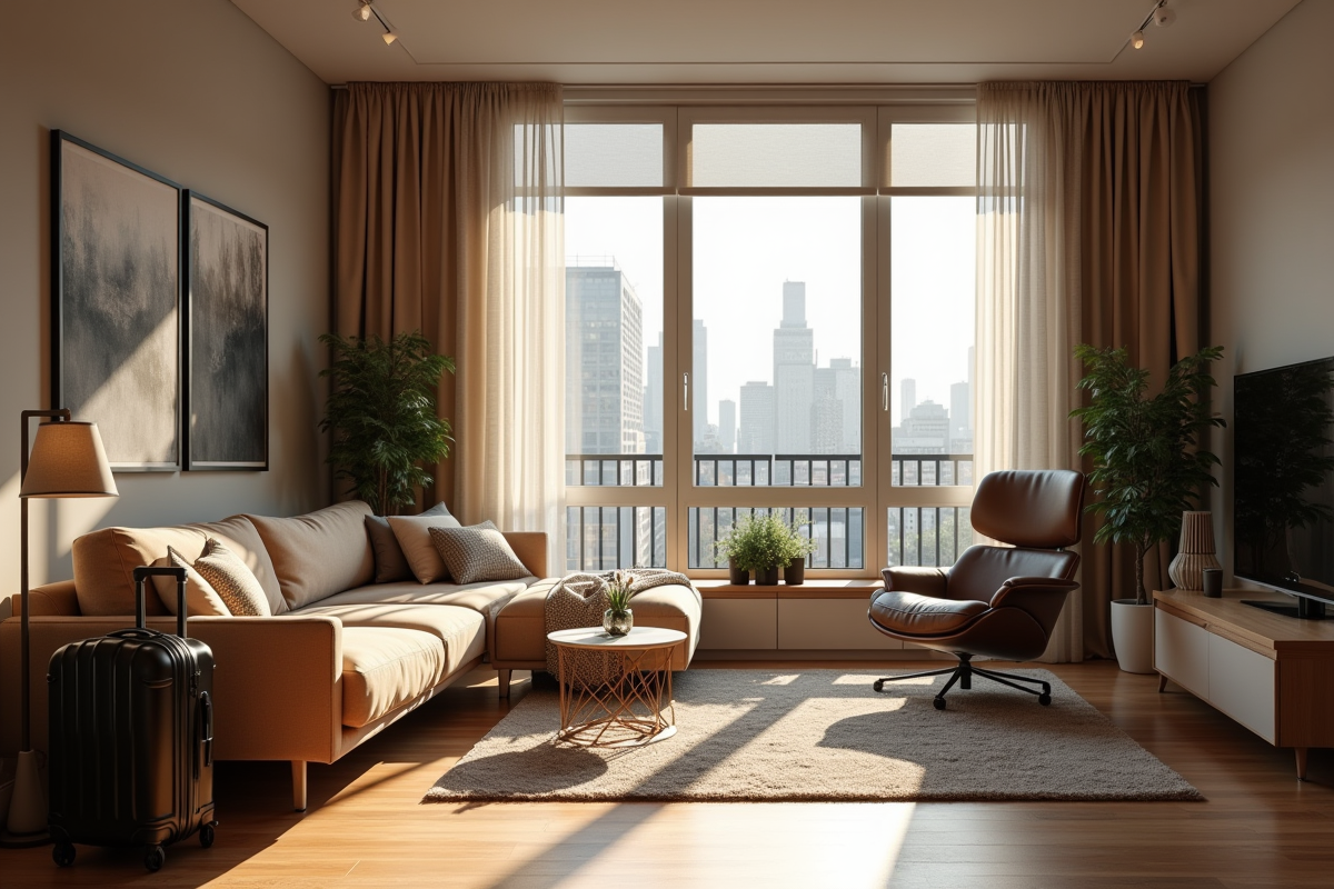 Salon moderne d appartement en ville avec valise et lumière naturelle