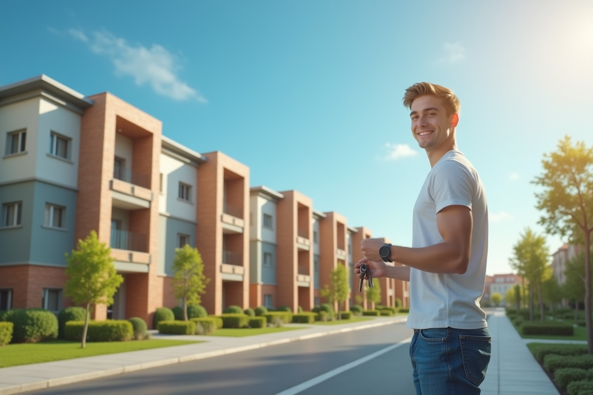 Jeune adulte souriant tenant des clés devant des immeubles modernes
