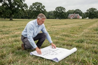 Architecte examinant un plan de terrain de 100 ares pour un projet de construction de maison individuelle