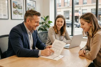 Agent immobilier expliquant les garanties d'une assurance propriétaire bailleur à un couple de locataires dans une agence immobilière moderne