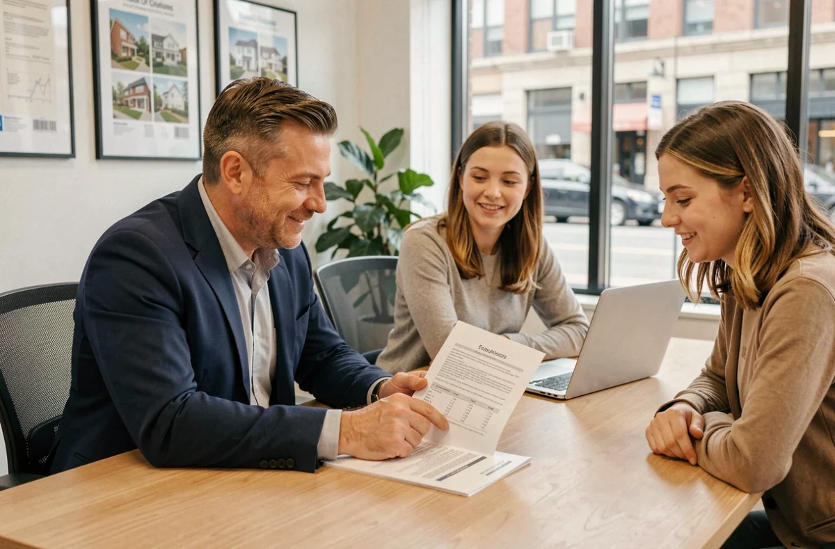 Agent immobilier expliquant les garanties d'une assurance propriétaire bailleur à un couple de locataires dans une agence immobilière moderne