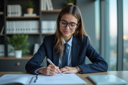 Femme professionnelle examine un contrat de location