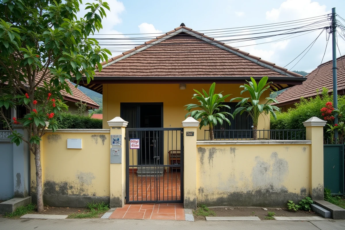 Bungalow thaïlandais à vendre dans un quartier résidentiel de la province d'Isan avec jardin tropical et portail sécurisé