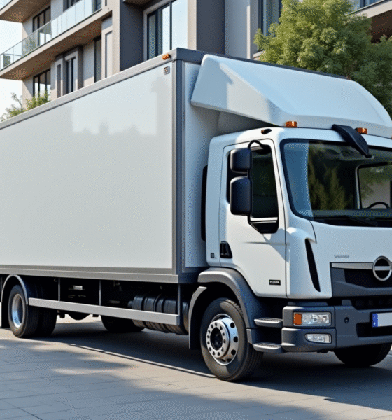 Camion de déménagement spacieux devant un immeuble moderne