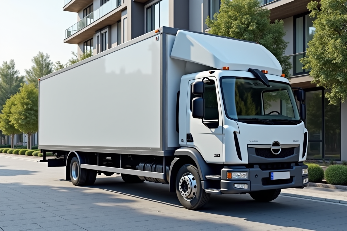 Camion de déménagement spacieux devant un immeuble moderne