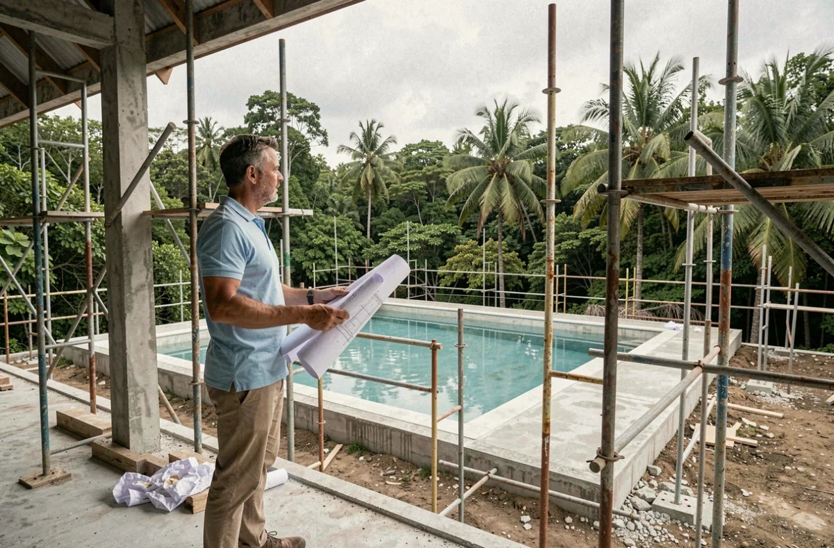 Acheteur français examinant des plans architecturaux sur le chantier d'une villa inachevée en Thaïlande