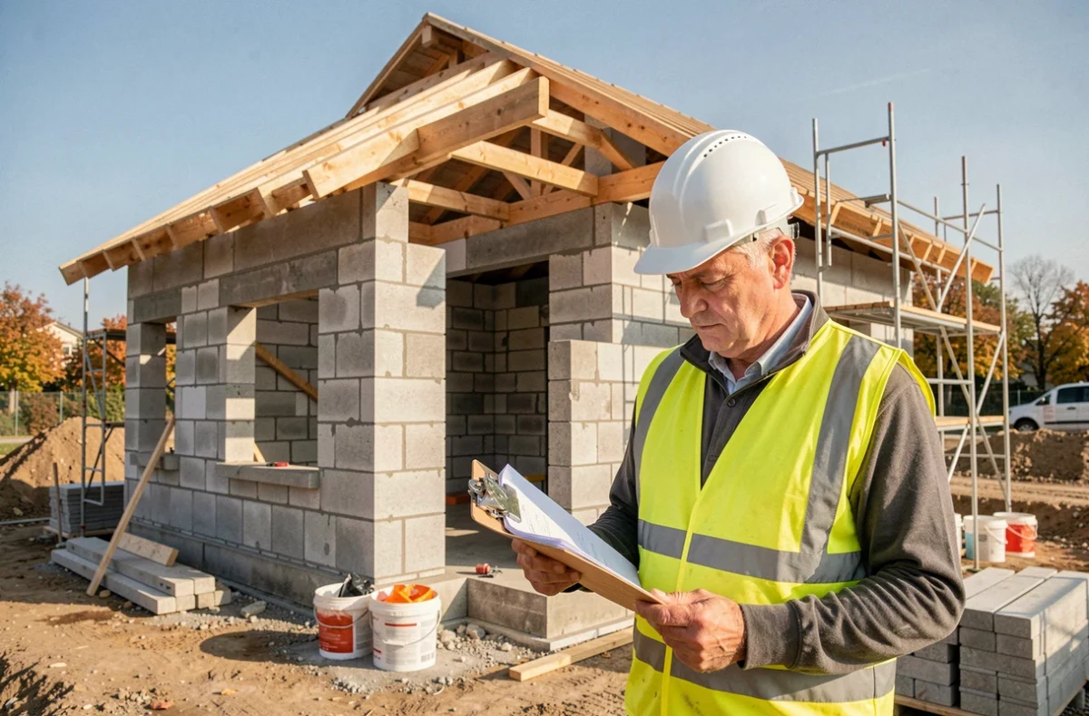 Chantier de construction d'une maison individuelle Cimco dans la région lyonnaise avec un conducteur de travaux