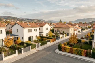 Vue d'un quartier résidentiel moderne en périphérie de Lyon avec des maisons individuelles contemporaines