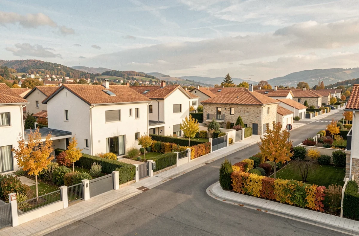 Vue d'un quartier résidentiel moderne en périphérie de Lyon avec des maisons individuelles contemporaines