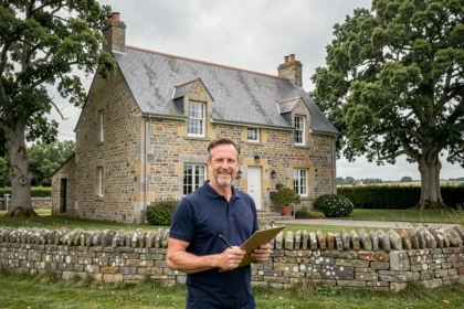Diagnostiqueur immobilier professionnel devant une maison bretonne en pierre dans le Morbihan
