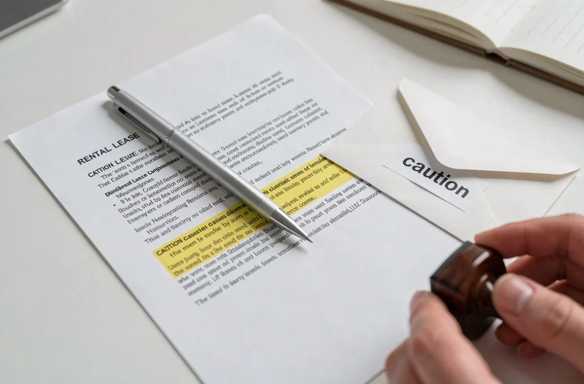 Gros plan sur une clause de caution surlignée dans un contrat de bail avec stylo et enveloppe de garantie