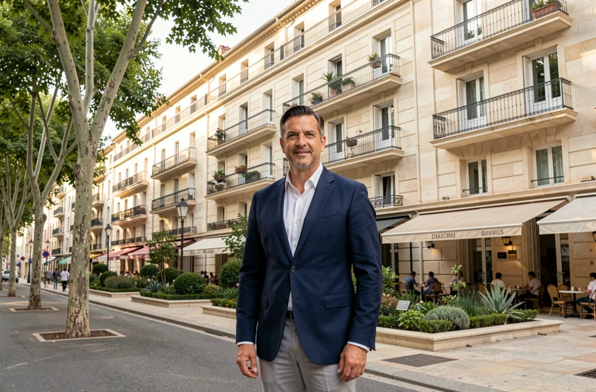 Représentant de Cogedim Provence devant une résidence neuve en pierre calcaire à Aix-en-Provence